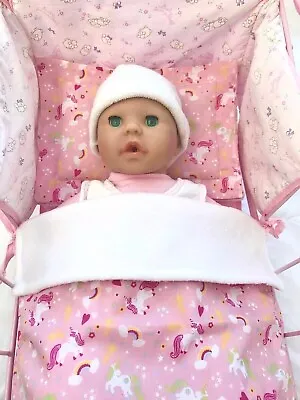 £6.95 • Buy Dolls Pram Cot Blanket & Pillow Bedding Set Pretty Pink Unicorns Baby Annabell 