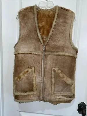 RARE VTG Tan Suede Leather Sherpa Sheep Wool Lined Marlboro Man Vest Mens Small • $99.99