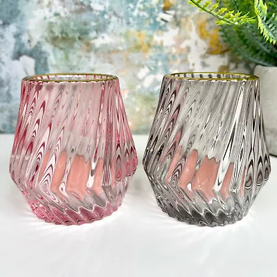 £9.99 • Buy Pink Candle Holders Glass Set Of 2 Grey Ribbed Embossed Tea Light Votive Lantern