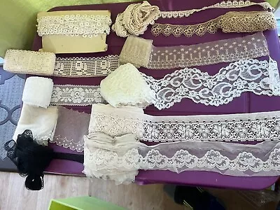 Lot Of 10 Antique Vtg Lace Textile Fringe Trim LARGE Mixed Lot Sewing Craft Doll • $25.20