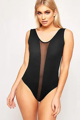 £8.99 • Buy Womens Black Long Cap Sleeve Sheer Mesh Insert Bodysuit Ladies Sexy Leotard Top