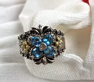 Vintage Barbara Bixby 18K Gold & 925 Silver Blue Topaz Lotus Flower Ring Size 6 • $269.95