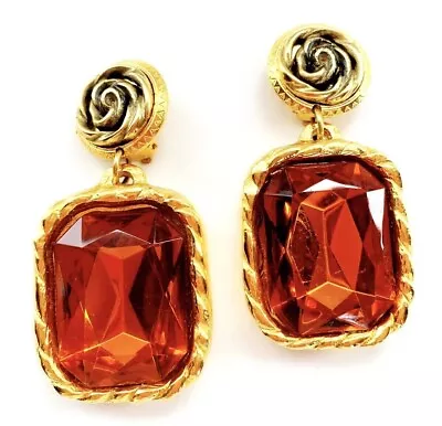 FRENCH DESIGNER 90s VINTAGE MASSIVE XXL COGNAC CRYSTAL GEM DANGLE CLIP EARRING • $475