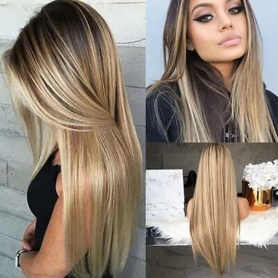 Womens Real Long Straight Hair Wigs Ladies Natural Ombre Blonde Full Wig Cosplay • £9.59
