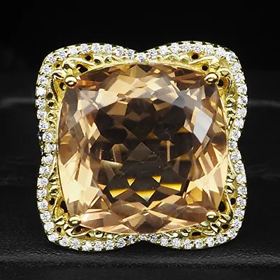 Morganite Peach Orange Antique 20.4Ct. Sapp 925 Sterling Silver Gold Ring Size 6 • $34.99