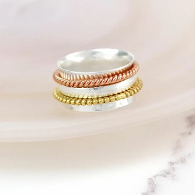 £29.99 • Buy 925 Sterling Silver Spinning Ring With Mixed Metal Twists Brass & Copper Thumb 