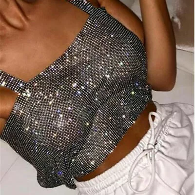 Night Club Sparkly Crystal Rhinestone Metal Chainmail Halter Draped Bra Crop Top • £22.99