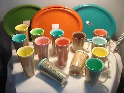 Vintage-  23 Pcs  Burlap /Ratan - Mugs Tumbler Trays- Insulated Melmac • $50