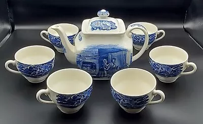 Liberty Blue Historic Colonial Scenes Minute Men Teapot And 6 Teacups England • $60