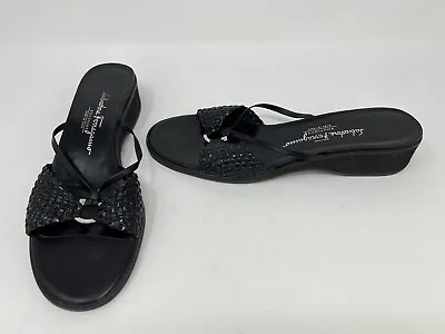 Vtg Salvatore Ferragamo Black Leather Thong Woven Sandals Size 9 1/2 AA READ DES • $24.99