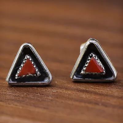 Vintage Sterling Silver Handmade Earrings Navajo 925 Silver Studs With Coral • $25.20