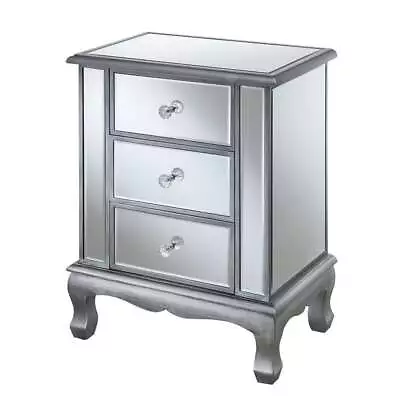 Pemberly Row Vineyard Three-Drawer End Table In Mirrored Glass And Silver Wood • $216.08