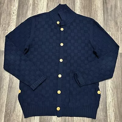 Folk Sweater Men's 3 Medium Blue Cardigan Check Heavyweight Stretch Button Up • $68