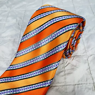 DOLCEPUNTA Glossy Orange Silk Seven 7 Fold Luxury Tie Wvn Blue Purple Stripes XL • $19.99