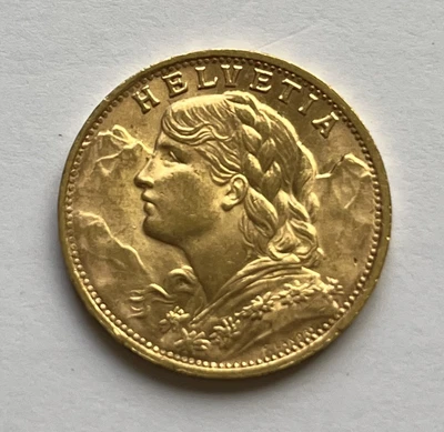$420 • Buy 1947 B Swiss GOLD 20 FRANC Switzerland Helvetia AGW .1867 Troy Oz