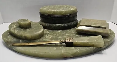 Vintage Antique Desk Set Art Deco Green Onyx Marble & Brass 5 Piece • $125