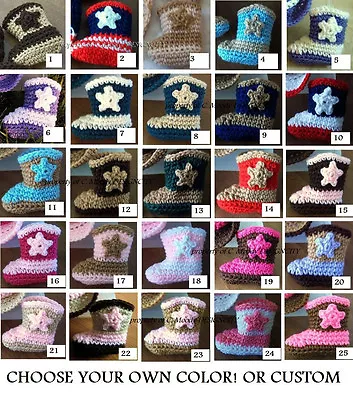 $12.95 • Buy U CHOOSE COLOR! COWBOY COWGIRL Boots CROCHET Newborn 0-3 Mo BABY Photo Prop USA!