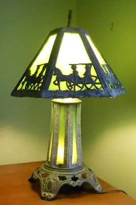 Old Green Slag Glass & Metal Table Boudoir Lamp W Nightlight Base 6 Panel Shade • $149.99