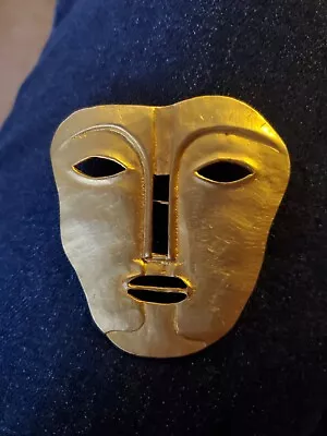 Maxine Denker Matte Gold Tone Tribal Face Mask Brooch Unsigned • $18