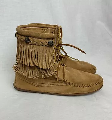 Minnetonka Women's Tan Suede Ankle Booties Lace Up Double Fringe Moccasins 7 • $42