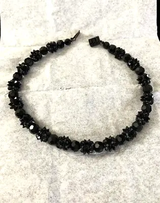 Vintage Jet Black Faceted AUSTRIAN CRYSTAL Cluster Bead Choker Necklace 15  L • $28.95