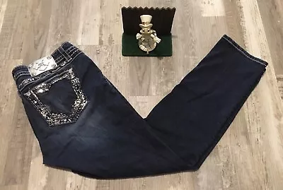 Miss Me Jeans Womens 32 Blue Denim Easy Skinny Mid Rise Bling Dark Wash 32X30 • $37.99