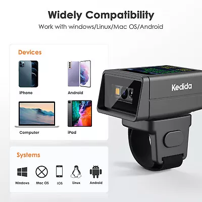 Kedida Wireless Wearable 2D QR Code Ring Barcode Scanner With Display Screen • $65.09