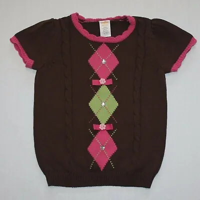 Gymboree Equestrian Club Girl's Gem Bow Argyle Short Sleeve Sweater Size 3 4 • $14.99