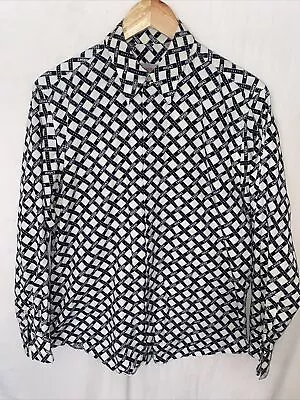 Vintage VERSACE CLASSIC White With Black Lattice Weave Print Button Shirt 15.5” • £54.95