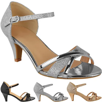Womens Ladies Low Heel Wedding Bridal Silver Sandals Party Strappy Shoes Open • £11.99