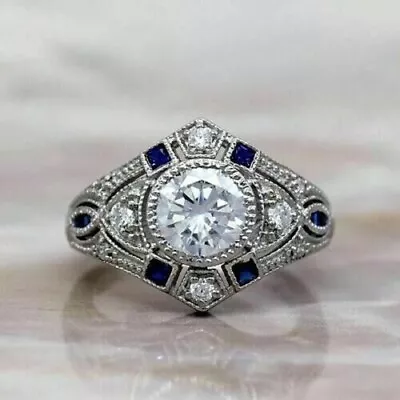 2.30 Ct Round Cut Simulated Diamond Vintage Wedding Ring 14K White Gold Plated • $95.99