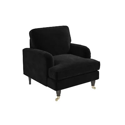 Black Velvet Armchair With Dark Wood Gold Legs Saddle Arms Traditional Style • £305.92