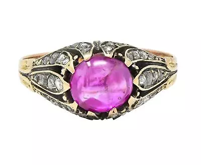 Victorian Cabochon Ruby Diamond 14 Karat Yellow Gold Foliate Antique Ring • $2700