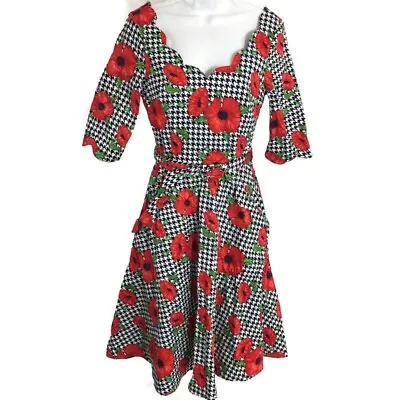 VOODOO VIXEN RETRO PIN UP 50s Suzanne HOUNDSTOOTH POPPY FLARE DRESS Size S • $19.99