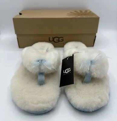 New Women’s Ugg Fluff Flip Flop Slipper Sandal White And Blue Size 9 1003510 • $74.95
