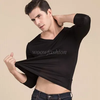 Men Silk Thermal Shirt Long Sleeve V Neck Baselayer Lightweight Top Underwear • $23.65