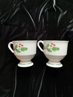 Vintage SANGO 'White Christmas' Holly & Berries Set Of 2 Footed Mugs 1982-1990 • $16