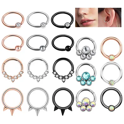 $4.59 • Buy Hinged Segment Nose Ring Septum Clicker Ring CZ Opal Cartilage Helix Tragus Hoop