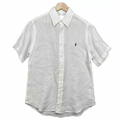 Ralph Lauren White Ocean Wash Linen Button Up Collared Short Sleeve Shirt Mens M • £34.99