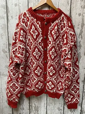 Handknit Cable Aran Nordic Wool Fairisle Knit Cardigan Red Metal Buttons Xl/xxl • £124.99