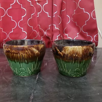 Lot Of 2 Vintage Small Majolica Jardiniere Pottery Planter Pot Sun Moon UNMARKED • $119.98