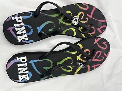 New PINK Victoria Secret Black Heart Print Foam Flip Flops Large 9 - 10 Y2K • $14.99