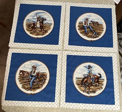 Lot Of 4 Cotton Fabric Cowboy Western Quilt Pillow Panels Aprox 17.25”x 17.25” • $19.95