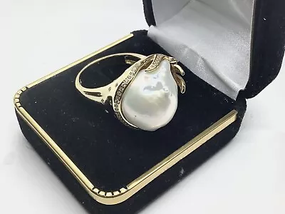 Mabe ‘ Pearl Sterling Silver Gold Over Large Cocktail Ring Size 8 • $212.40