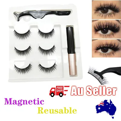 $7.99 • Buy 3X Eye Lashes Magnetic Extension False Eyelashes Free Liquid Eyeliner Tweezer