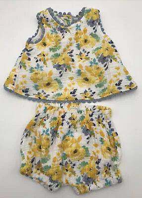 Mud Pie Baby Girl 3-6 M Yellow Floral Pinafore Top Bloomer Shorts Set Muslin • $17.99