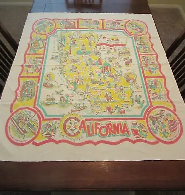 VTG 50's CALIFORNIA STATE SOUVENIR TABLECLOTH PRE-DISNEYLAND PASTEL COLORS NICE! • $26.53