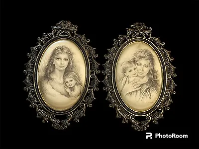 Lot Of 2 Small Italian Brass Ornate Oval Frames Silk Portrait Mother And Child  • $35