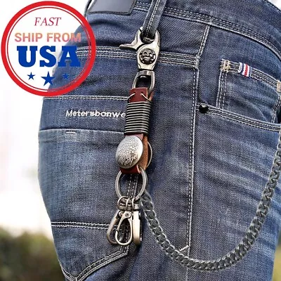 Indians Men's Leash Heavy Leather Metal Wallet Chains Biker Trucker Key Chain • $12.99