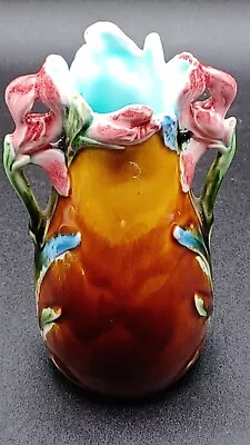 Antique Art Nouveau French Majolica Barbotine Naturalistic Floral Glaze Vase • $225